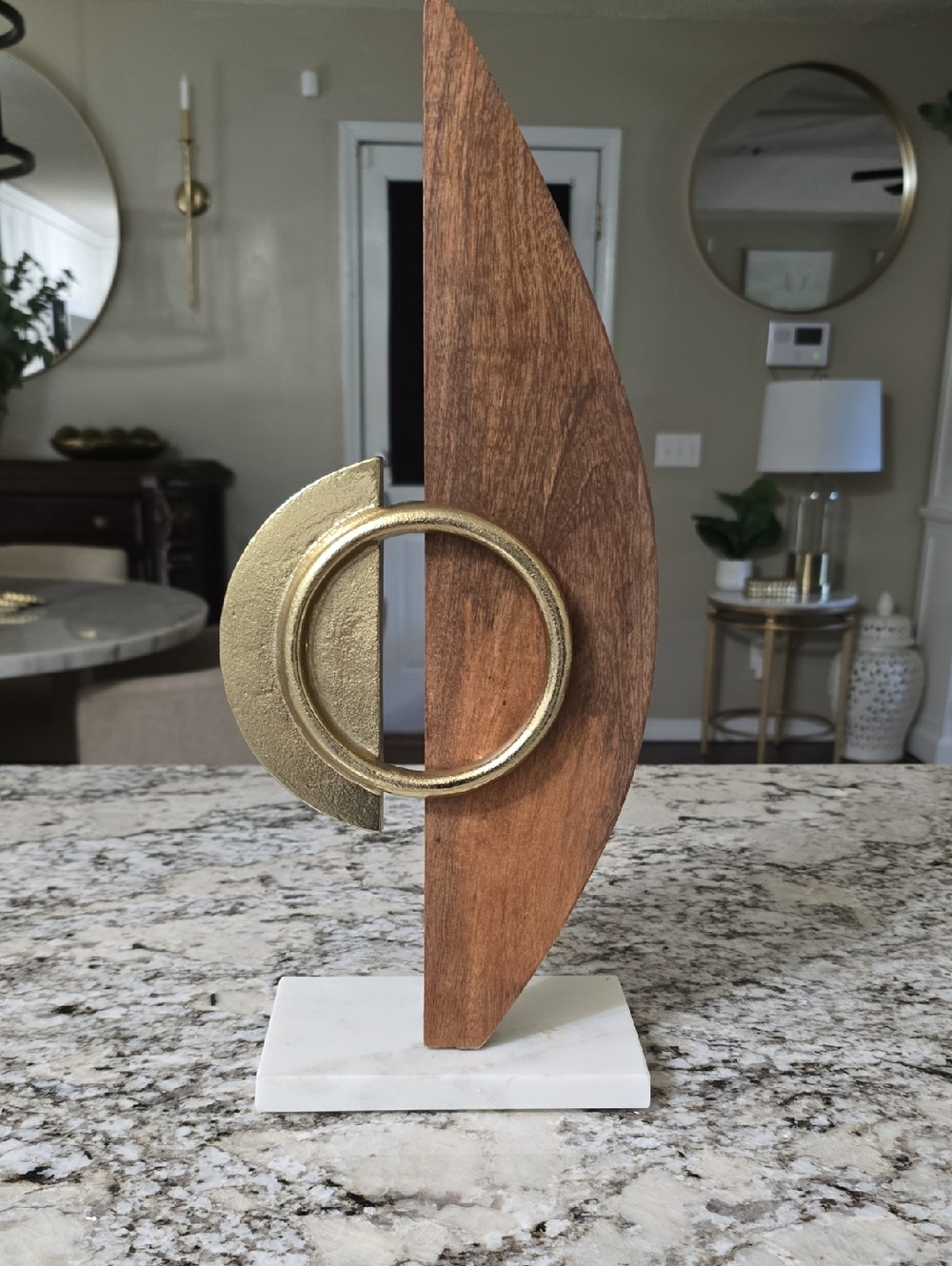 Wood and Gold Abstract Sculpture on White Marble Base